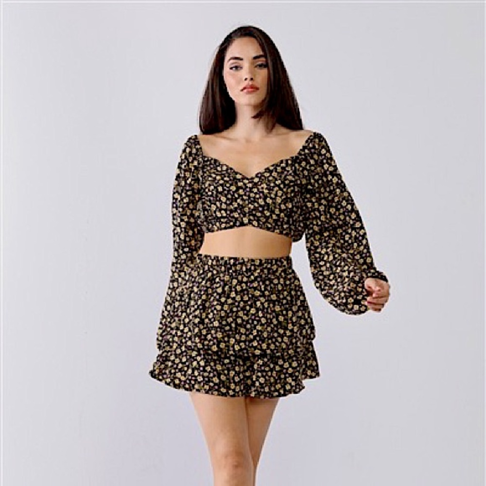 Floral Print Wrap Neck Puff Balloon Long Sleeve & High Waist Layered Mini Skirt